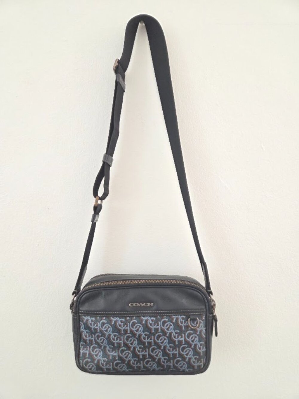Unisex Vintage Coach Monogram Signature Crossbody Shoulder Bag Blue Black - Picture 9 of 16